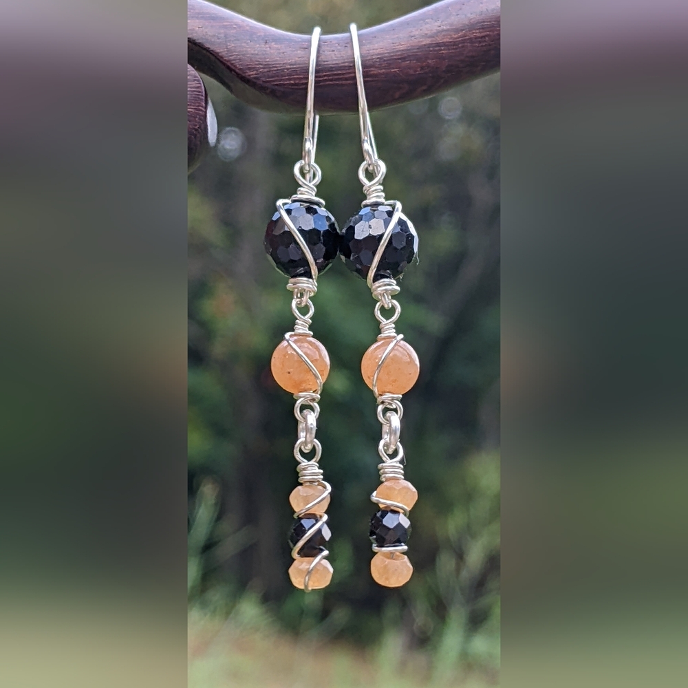 Black Tourmaline Earrings Sterling Silver With Peach Aventurine Dangle Drop